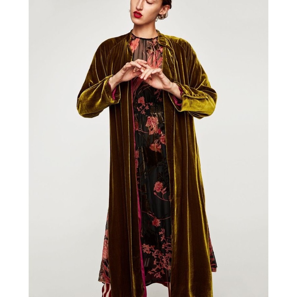 Zara Velvet Duster Cardigan Olive Green Magenta Lined Long Robe Tie Waist M